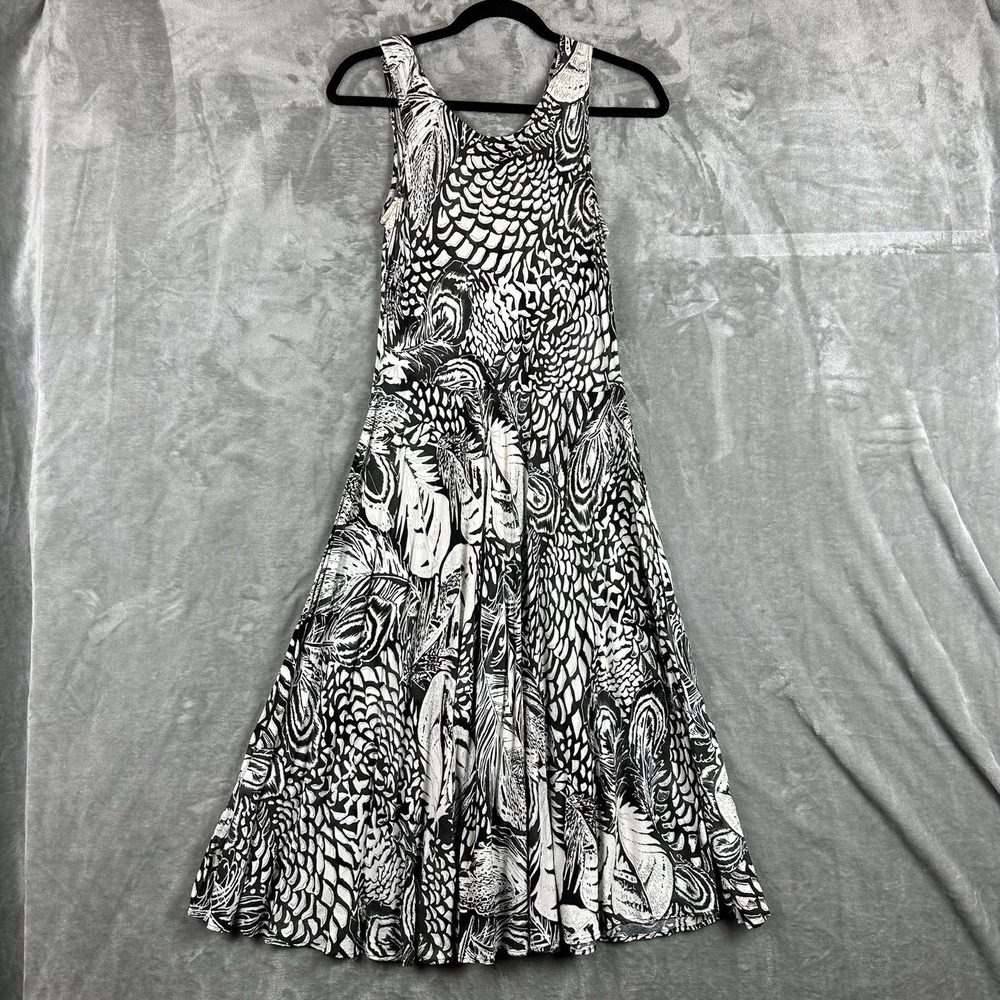 VTG Jams World Midi Dress Women's S Black White Silver Abstract Feather Rayon